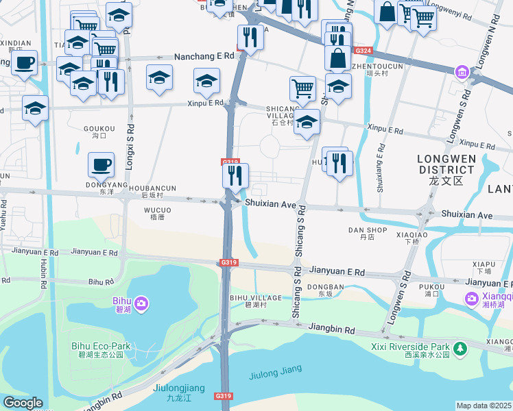 map of restaurants, bars, coffee shops, grocery stores, and more near Shui Xian Da Jie in Zhang Zhou Shi