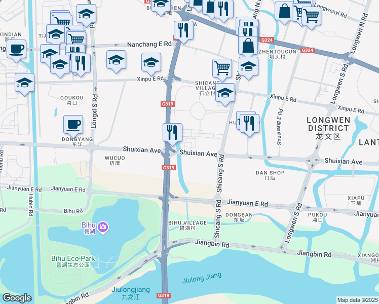 map of restaurants, bars, coffee shops, grocery stores, and more near Shui Xian Da Jie in Zhang Zhou Shi