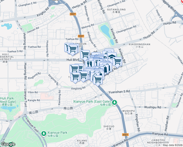 map of restaurants, bars, coffee shops, grocery stores, and more near Jia He Lu in Xiamen Shi