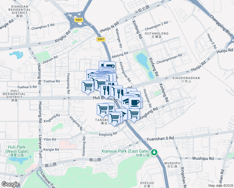 map of restaurants, bars, coffee shops, grocery stores, and more near 570号 Jiahe Road in Xiamen