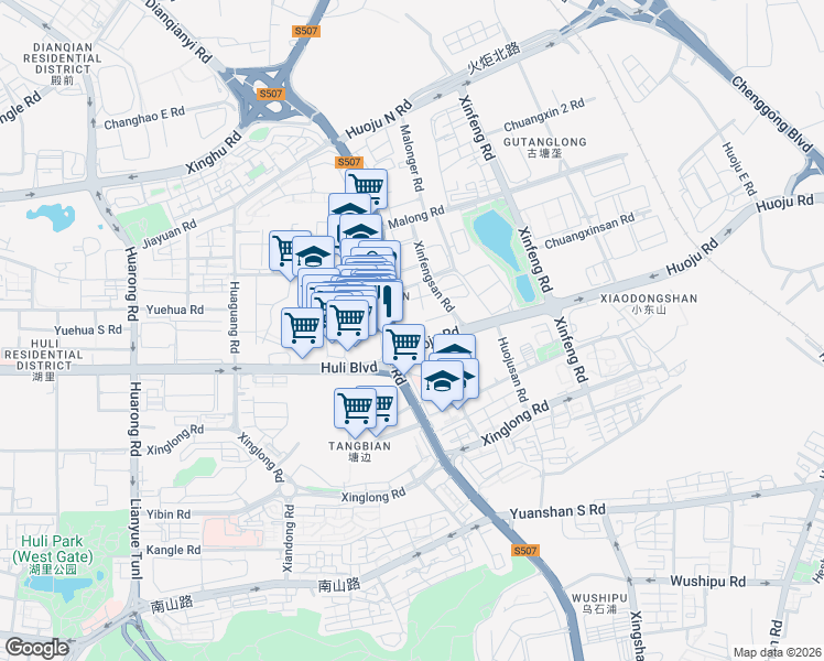 map of restaurants, bars, coffee shops, grocery stores, and more near 1 Huo Ju Lu in Xiamen Shi