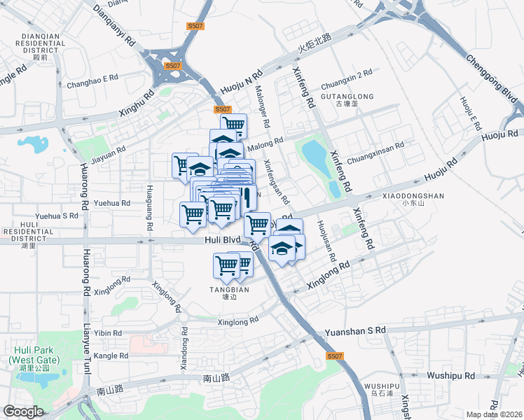 map of restaurants, bars, coffee shops, grocery stores, and more near 1 Huo Ju Lu in Xiamen Shi