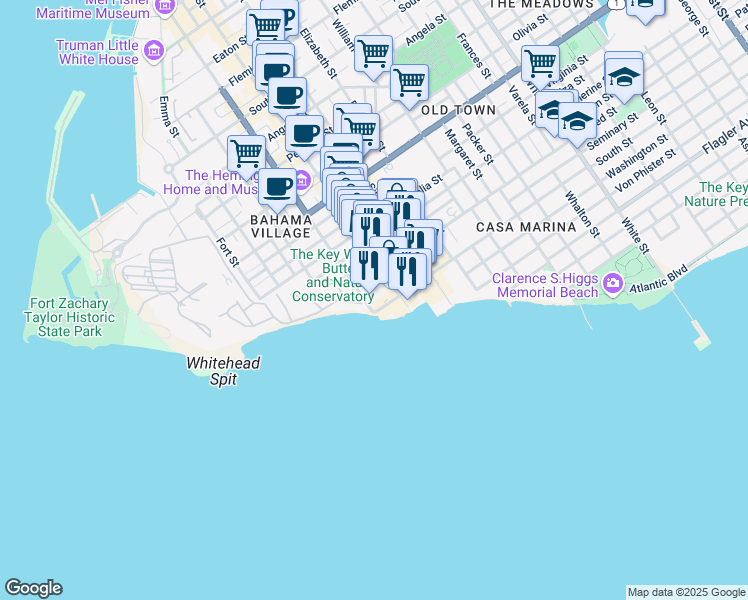 map of restaurants, bars, coffee shops, grocery stores, and more near 1303 Whitehead Street in Key West