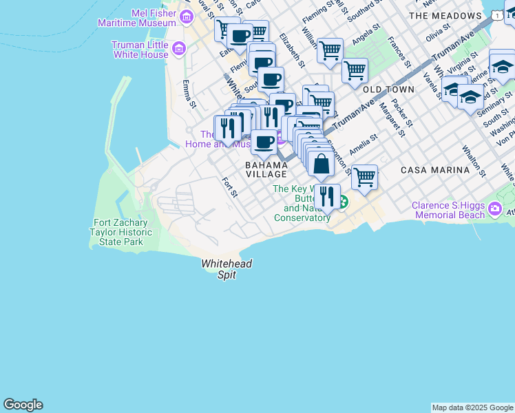 map of restaurants, bars, coffee shops, grocery stores, and more near 2 Emma Street in Key West