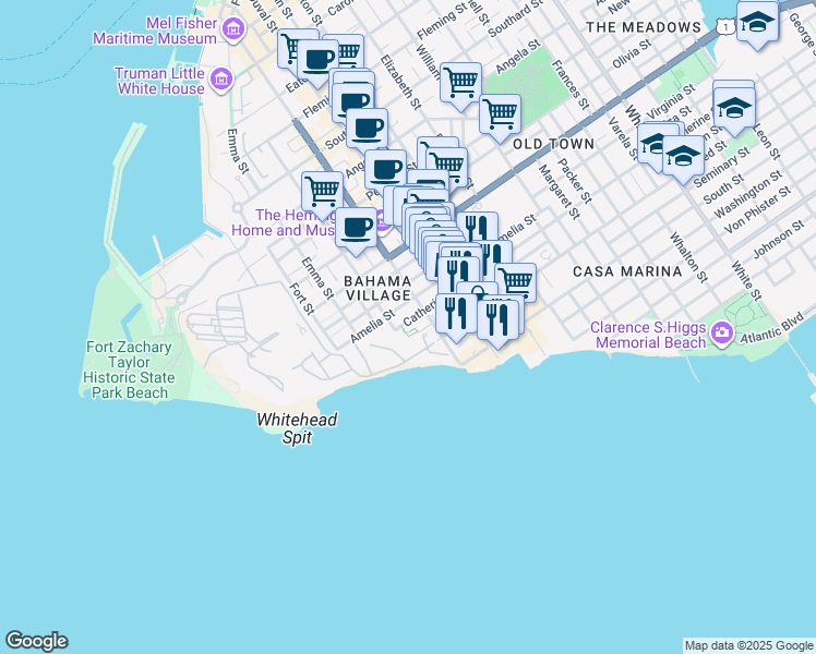 map of restaurants, bars, coffee shops, grocery stores, and more near 308 Catherine Street in Key West