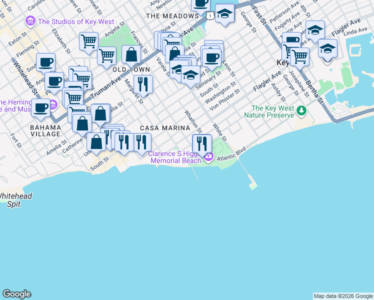 map of restaurants, bars, coffee shops, grocery stores, and more near 901 Casa Marina Court in Key West