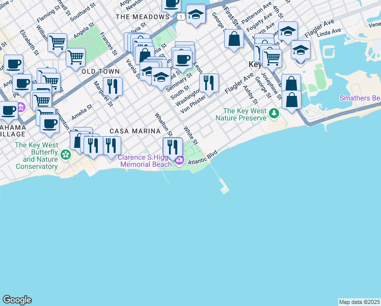 map of restaurants, bars, coffee shops, grocery stores, and more near 1001 Atlantic Boulevard in Key West