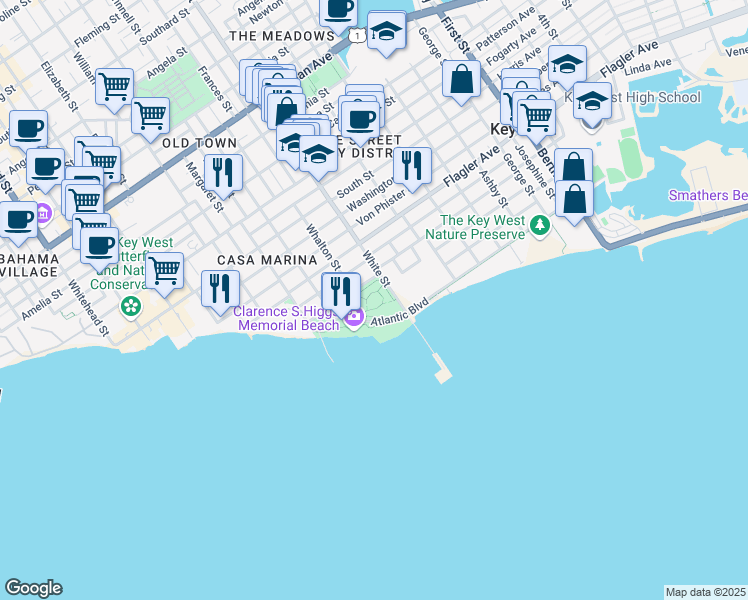 map of restaurants, bars, coffee shops, grocery stores, and more near 1001 Atlantic Boulevard in Key West