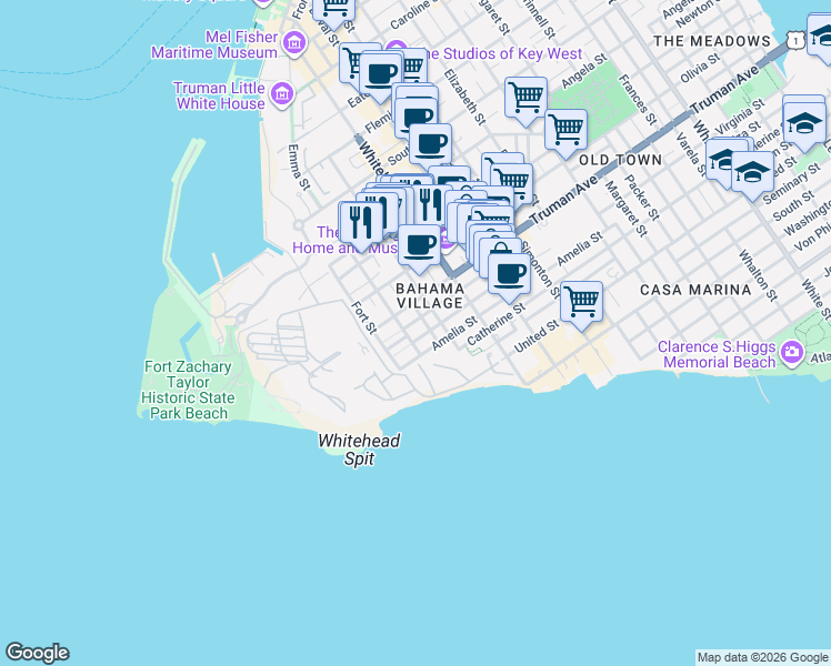 map of restaurants, bars, coffee shops, grocery stores, and more near 200 Truman Avenue in Key West