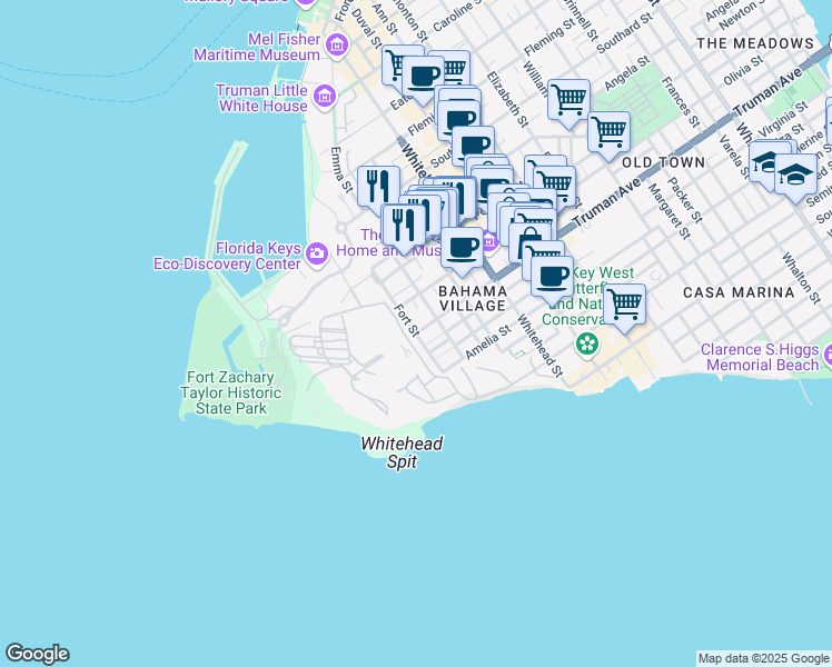 map of restaurants, bars, coffee shops, grocery stores, and more near 2 Truman Avenue in Key West