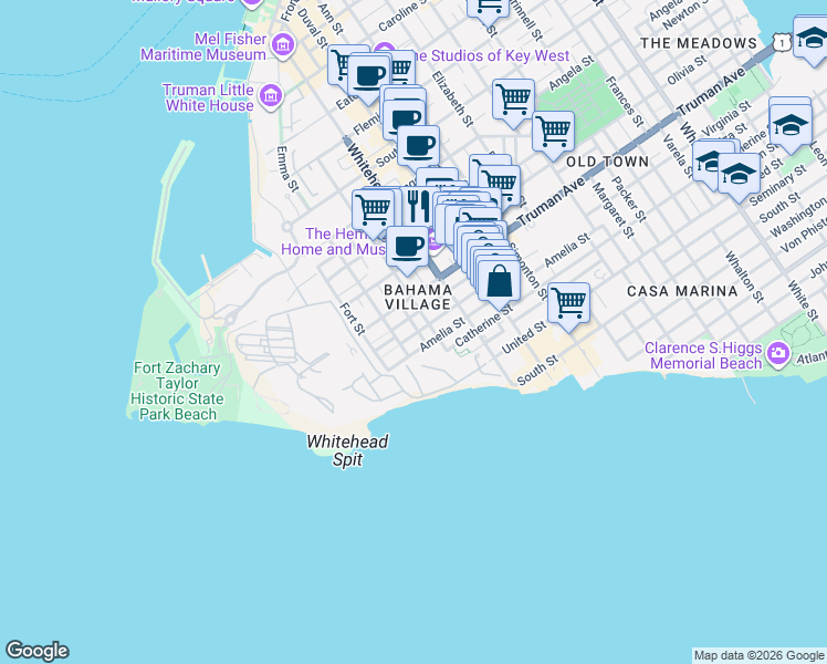 map of restaurants, bars, coffee shops, grocery stores, and more near in Key West