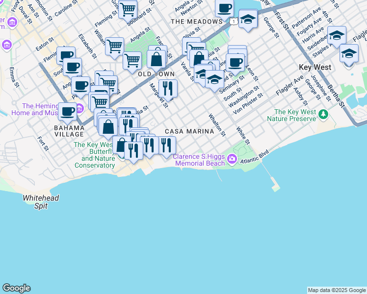 map of restaurants, bars, coffee shops, grocery stores, and more near 807 Washington Street in Key West
