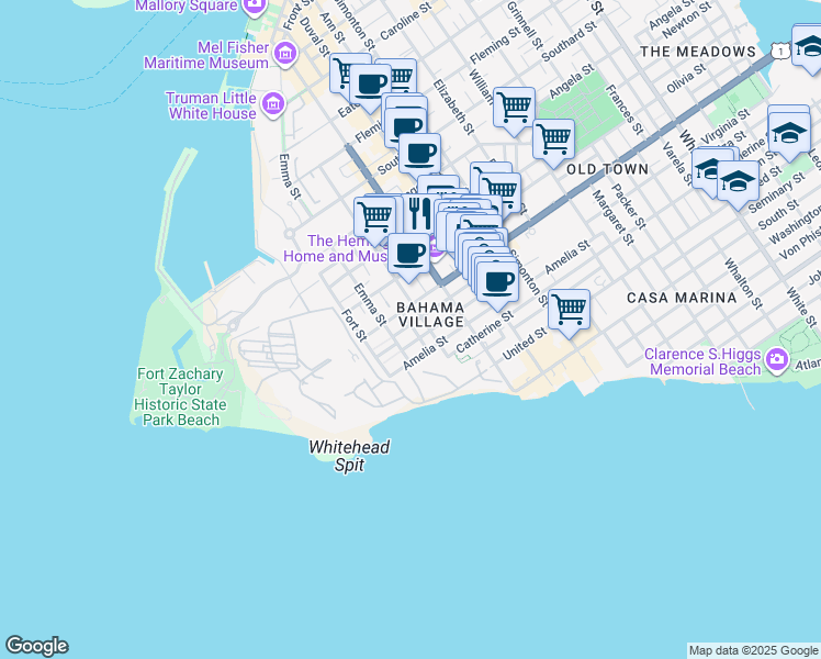 map of restaurants, bars, coffee shops, grocery stores, and more near in Key West
