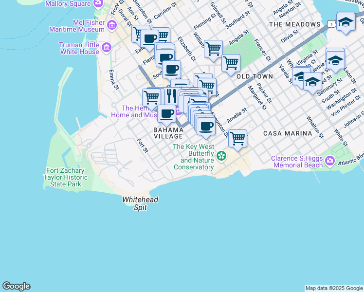 map of restaurants, bars, coffee shops, grocery stores, and more near in Key West