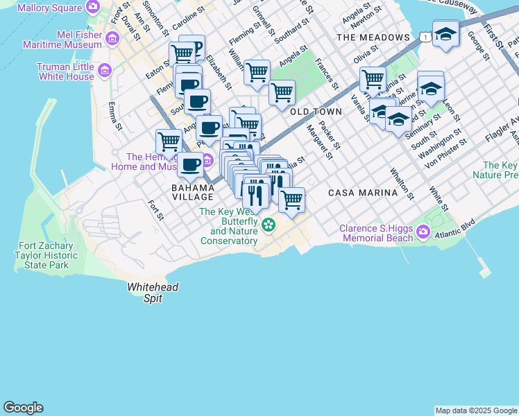 map of restaurants, bars, coffee shops, grocery stores, and more near 1200 Duval Street in Key West