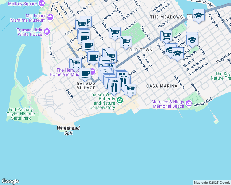 map of restaurants, bars, coffee shops, grocery stores, and more near 1200 Duval Street in Key West