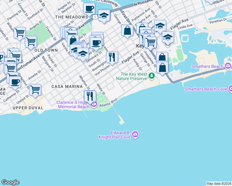 map of restaurants, bars, coffee shops, grocery stores, and more near 1391 Atlantic Drive in Key West