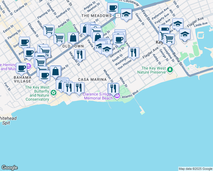 map of restaurants, bars, coffee shops, grocery stores, and more near 1501 Grinnell Street in Key West