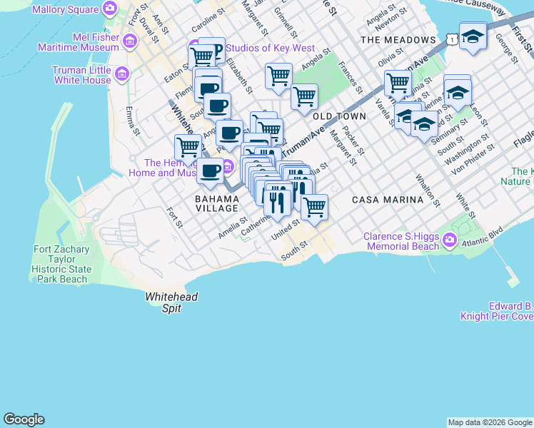 map of restaurants, bars, coffee shops, grocery stores, and more near 427 Catherine Street in Key West