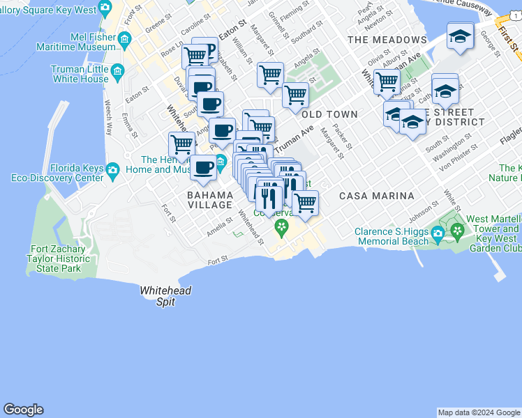 map of restaurants, bars, coffee shops, grocery stores, and more near 1200 Duval Street in Key West