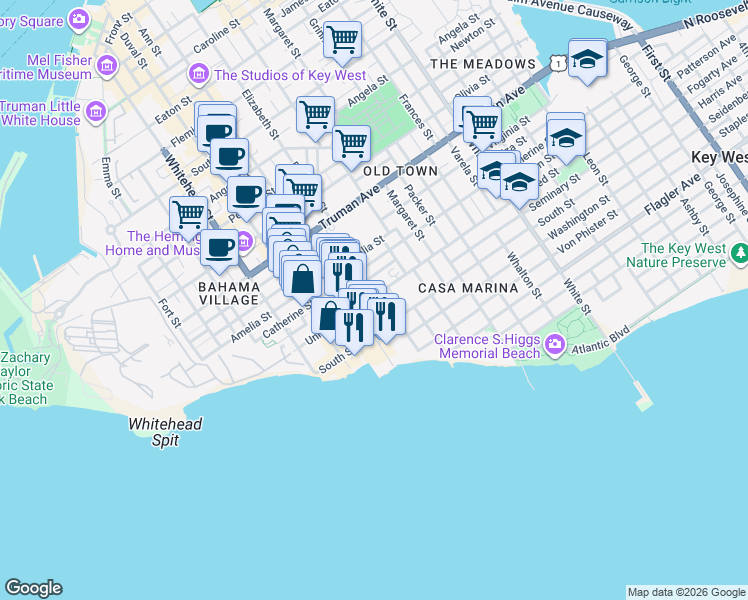 map of restaurants, bars, coffee shops, grocery stores, and more near 622 United Street in Key West