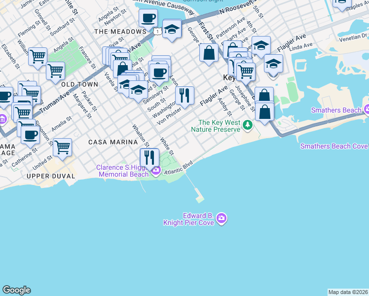map of restaurants, bars, coffee shops, grocery stores, and more near 1391 Atlantic Drive in Key West