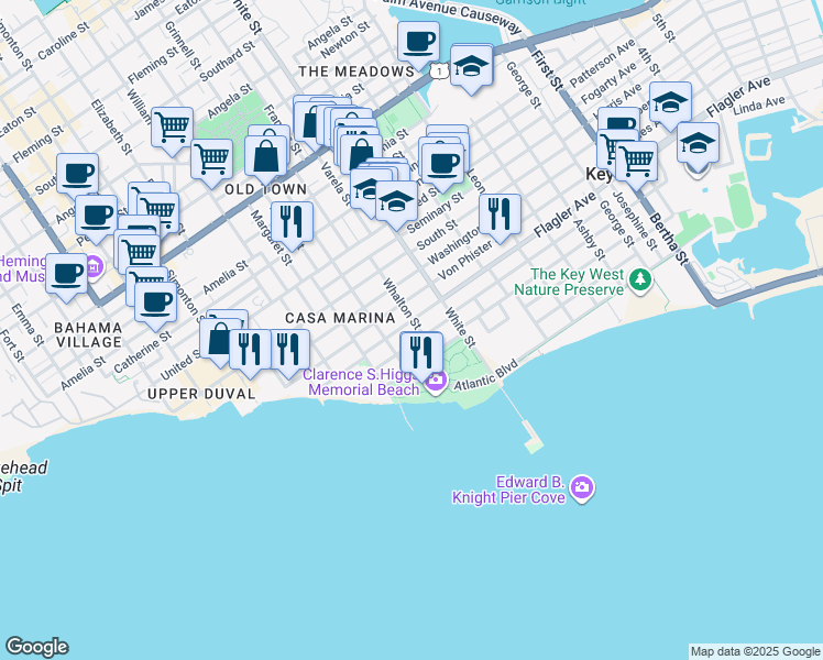 map of restaurants, bars, coffee shops, grocery stores, and more near 1025 Casa Marina Court in Key West