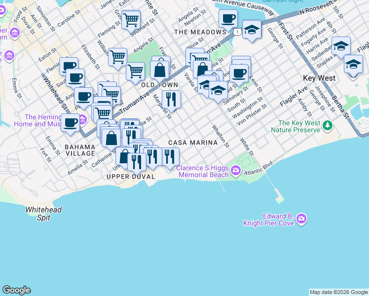 map of restaurants, bars, coffee shops, grocery stores, and more near 807 Washington Street in Key West