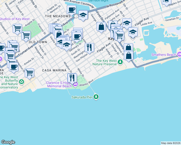 map of restaurants, bars, coffee shops, grocery stores, and more near 1391 Atlantic Drive in Key West