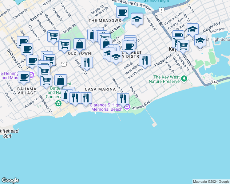 map of restaurants, bars, coffee shops, grocery stores, and more near 1501 Grinnell Street in Key West