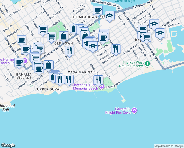 map of restaurants, bars, coffee shops, grocery stores, and more near 1501 Grinnell Street in Key West