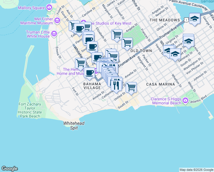 map of restaurants, bars, coffee shops, grocery stores, and more near 1108 Whitehead Street in Key West
