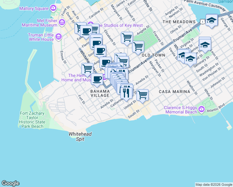 map of restaurants, bars, coffee shops, grocery stores, and more near 1108 Whitehead Street in Key West