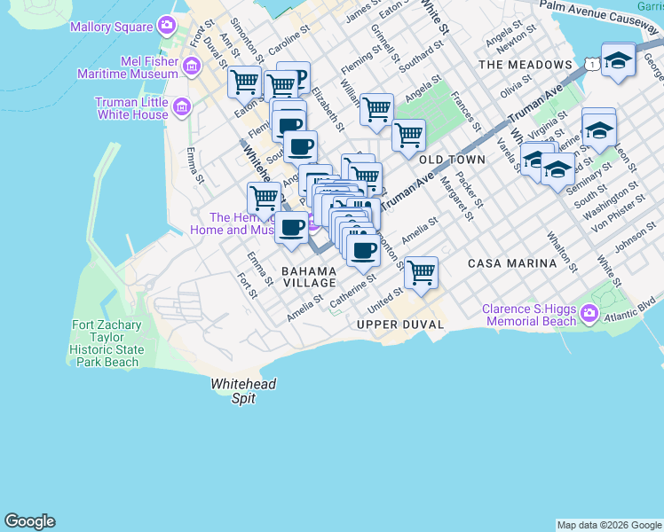 map of restaurants, bars, coffee shops, grocery stores, and more near 1004 Duval Street in Key West