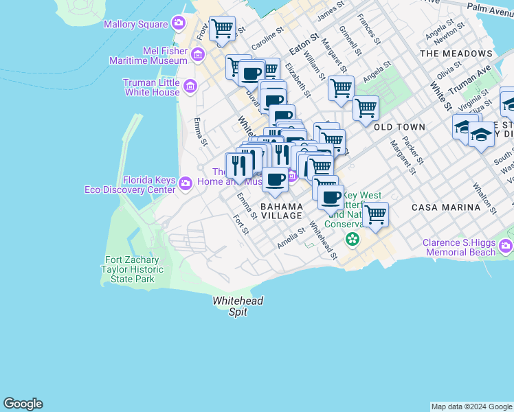 map of restaurants, bars, coffee shops, grocery stores, and more near 225 Olivia Street in Key West
