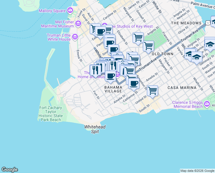 map of restaurants, bars, coffee shops, grocery stores, and more near 225 Olivia Street in Key West