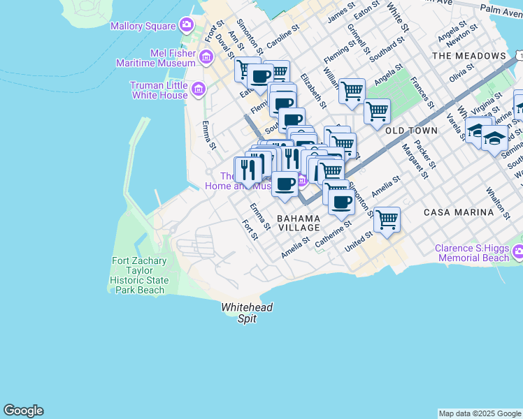 map of restaurants, bars, coffee shops, grocery stores, and more near 225 Olivia Street in Key West