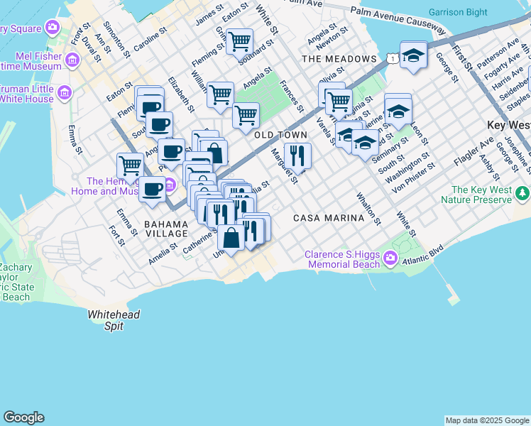 map of restaurants, bars, coffee shops, grocery stores, and more near 629 Louisa Street in Key West