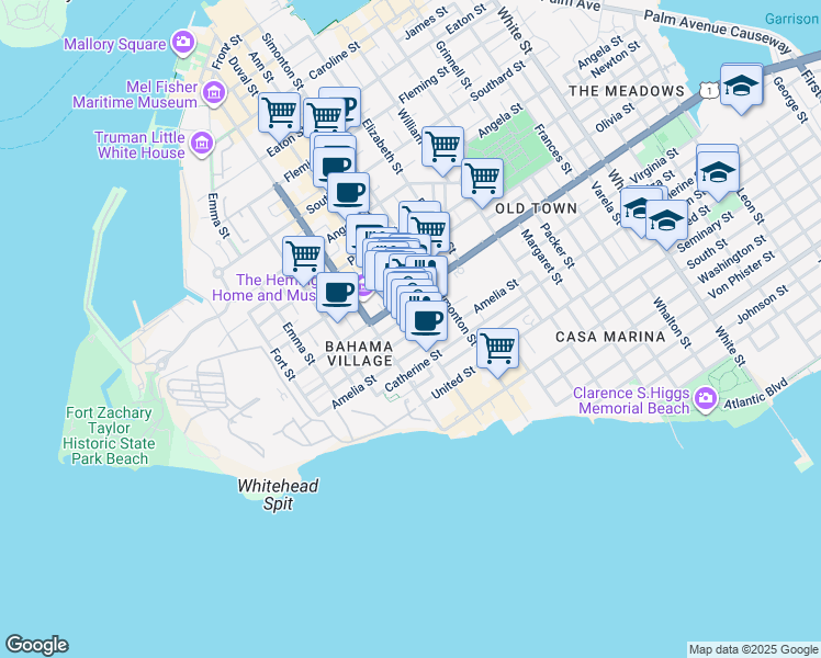 map of restaurants, bars, coffee shops, grocery stores, and more near 1004 Duval Street in Key West