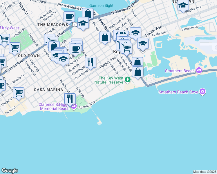 map of restaurants, bars, coffee shops, grocery stores, and more near 1520 Patricia Street in Key West