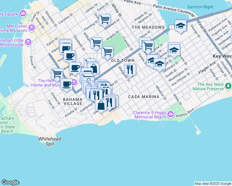 map of restaurants, bars, coffee shops, grocery stores, and more near 629 Louisa Street in Key West