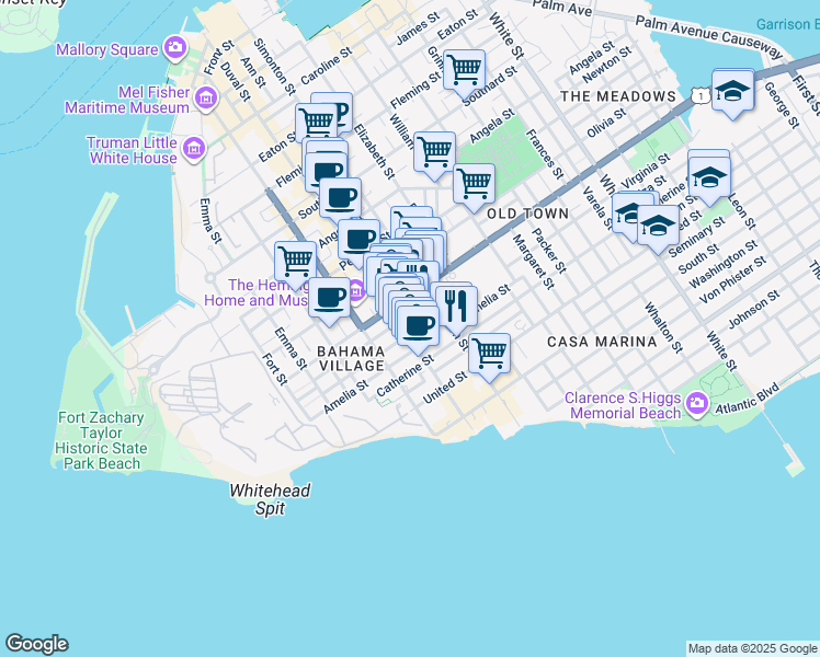 map of restaurants, bars, coffee shops, grocery stores, and more near 518 Virginia Street in Key West