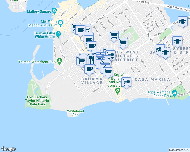 map of restaurants, bars, coffee shops, grocery stores, and more near 938 Whitehead Street in Key West