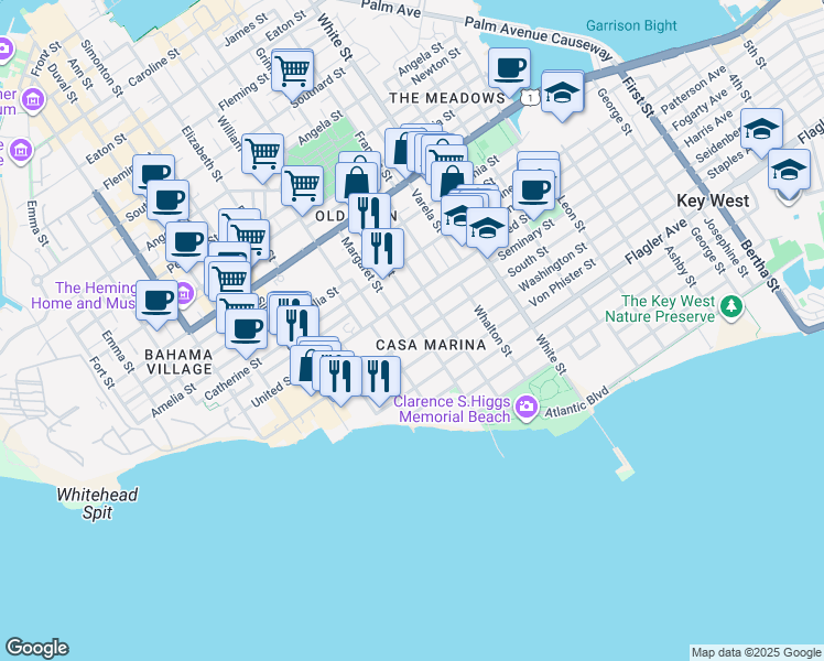 map of restaurants, bars, coffee shops, grocery stores, and more near 1316 Reynolds Street in Key West