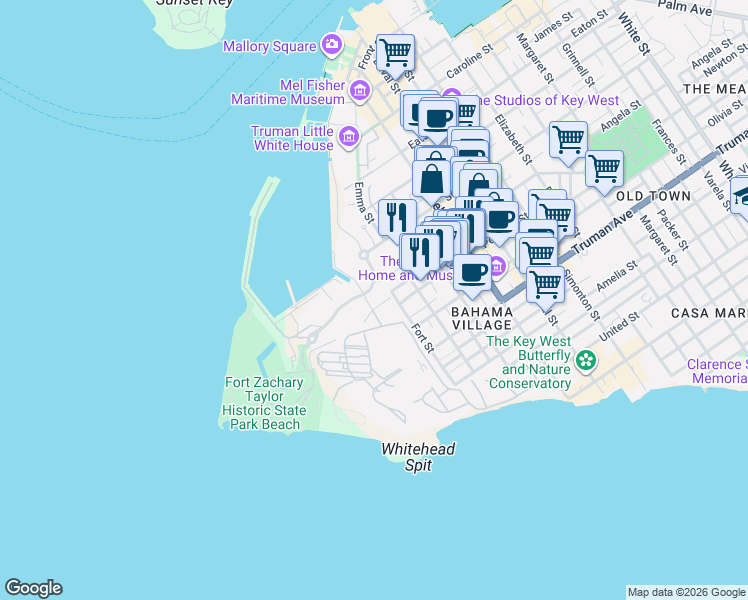 map of restaurants, bars, coffee shops, grocery stores, and more near 918 Fort Street in Key West