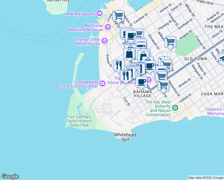 map of restaurants, bars, coffee shops, grocery stores, and more near 918 Fort Street in Key West