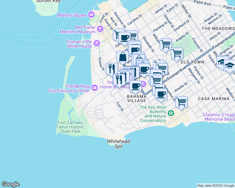 map of restaurants, bars, coffee shops, grocery stores, and more near 800 Emma Street in Key West