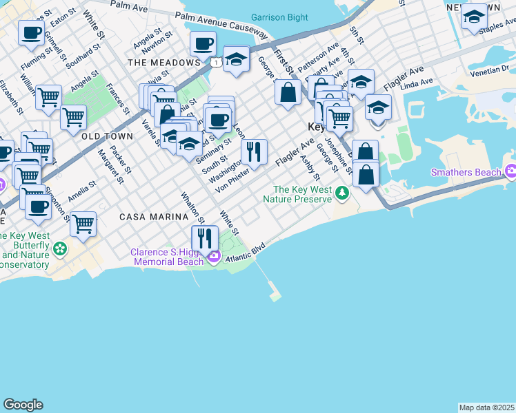 map of restaurants, bars, coffee shops, grocery stores, and more near 1328 Laird Street in Key West
