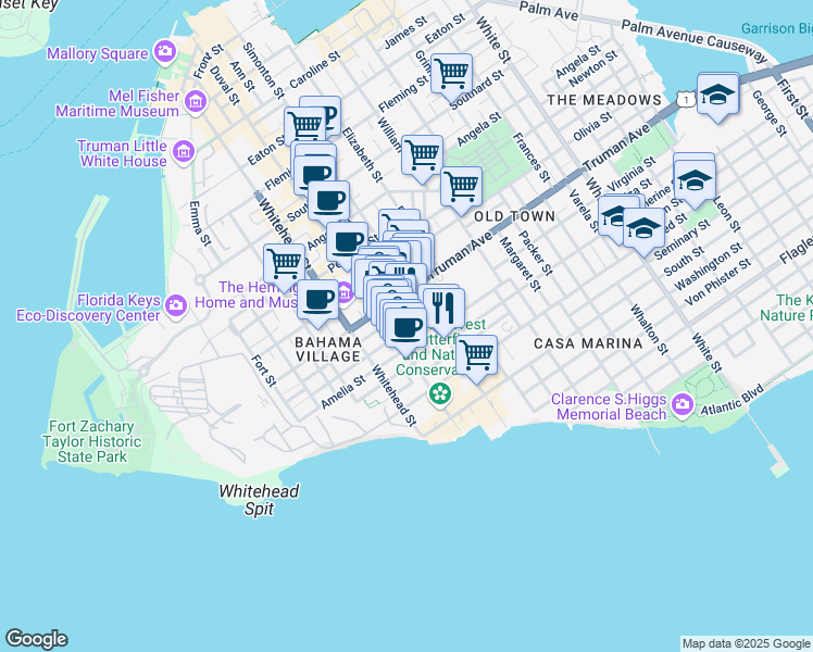 map of restaurants, bars, coffee shops, grocery stores, and more near 518 Virginia Street in Key West