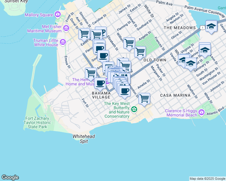 map of restaurants, bars, coffee shops, grocery stores, and more near 1004 Duval Street in Key West